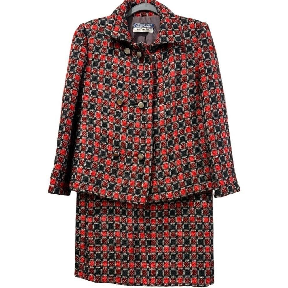 Givenchy Boutique Vintage Wool Blend Skirt Suit Red Black Check 10 / 12